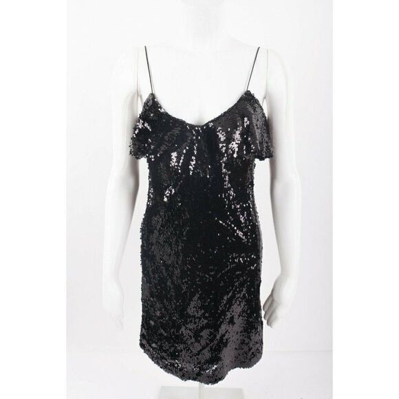 Zara Womens Sequin Mini Dress S Black Ruffle - Picture 1 of 6